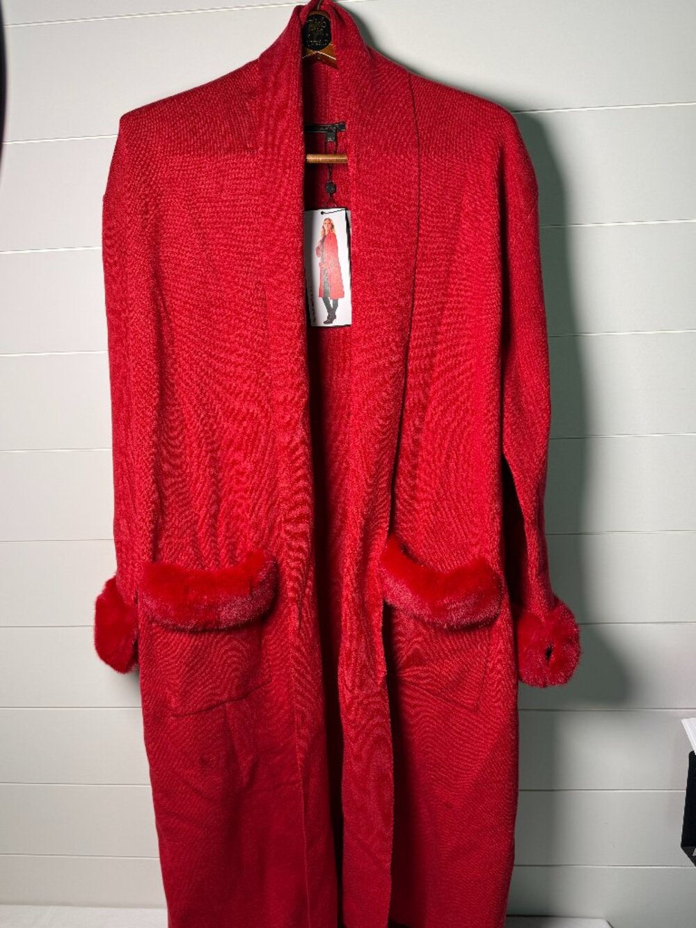 NWT: Max Sport Long Open Front Cardigan Red Size Large  Faux Fur Cuffs & Pockets